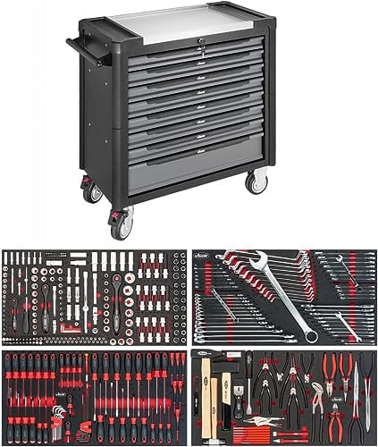 VIGOR Werkstattwagen mit Edelstahl-Arbeitsplatte, inkl. Sortiment (375teilig, 8 Schubladen mit je 25kg Tragkraft, insgesamt 500kg Tragkraft) V4481-X/375