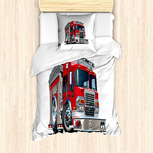 ABAKUHAUS LKW Bettbezug Set für Einzelbetten, Cartoon-Stil Feuerwehrmann, Milbensicher Allergiker geeignet mit Kissenbezug, Red Pale Grau
