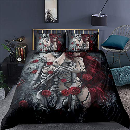 AYMAING Bettwäsche 3D Totenkopf & Rosen Bettbezug Set 135x200 cm Bettwäsche Set 3 Teilig Bettbezüge Mikrofaser Bettbezug mit Reißverschluss und 2 Kissenbezug 80x80cm