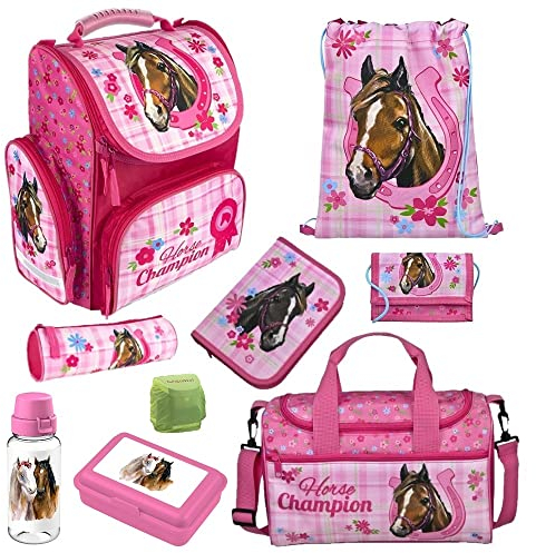 Familando Schulranzen 1. Klasse · ergonomischer Tornister · Schultasche für Jungen und Mädchen (9-teiliges Set mit Sporttasche, Pferde Pink)