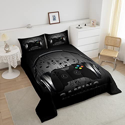 Loussiesd Gaming Duvet Headphones Game Controller Bedding Set Black Grey Video Game Decor Music Melody Duvet Set Gamer Comforter for Boys Teens Single Size 1 Comforter Set with 1 Pillowcase Soft