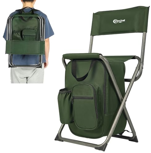 Portal Backpack Cooler Chair Fishing Chairs with Backrest Folding Camping Stool Compact for Outdoors Hiking Hunting Travel, Supports 225 lbs Capacity
