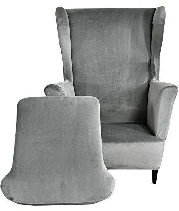 Highdi 2Teilig Ohrensessel Überzug aus Samt,Sessel-Überwürfe Ohrensessel Schonbezüge Bezug Sesselhusse Elastisch Stretch Tiger Stuhlbezug mit Armlehne Hohe Rückenlehne Universal (Grau)