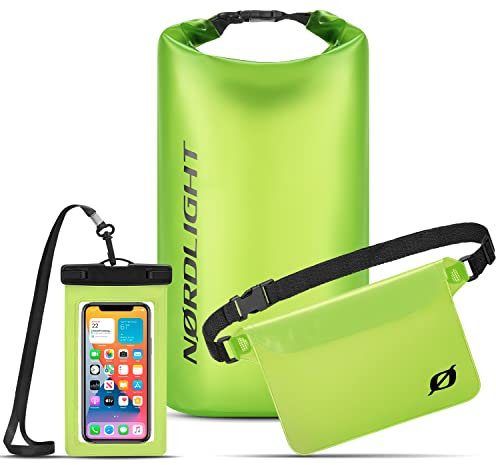 Nordlight wasserdichte Tasche mit wasserdichter Telefon- und Hüfttasche – (20 l, grün) wasserdichte Tasche IPX8 mit Rollverschluss | Schwimmen, Boot, Strand, Stand Up Paddle