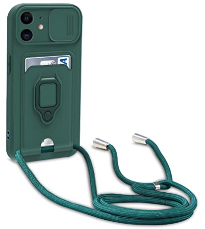 yanasuo Protección de Cámara Funda Compatible con iPhone 11, con Anillo Soporte, Ajustable Collar Correa de Cuello Cordón Carcasa de Silicona-Verde Oscuro