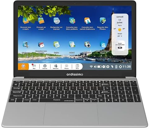 Ordissimo - Ordinateur Portable Lucie 3 Facile à Utiliser - Interface Intuitive avec Grand Écran et Clavier Simplifié - Design Élégant - Webcam Intégrée - Argenté - pour Les Seniors
