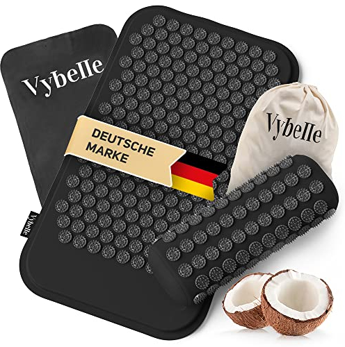 Vybelle Akupressurmatte mit Kissen [CO2-Neutral] und Stuhlbefestigung - für Entspannung und Wohlbefinden - natürliches Füllmaterial - Akupunkturmatte Akupressur Matte Fakirmatte Nagelmatte (Schwarz)