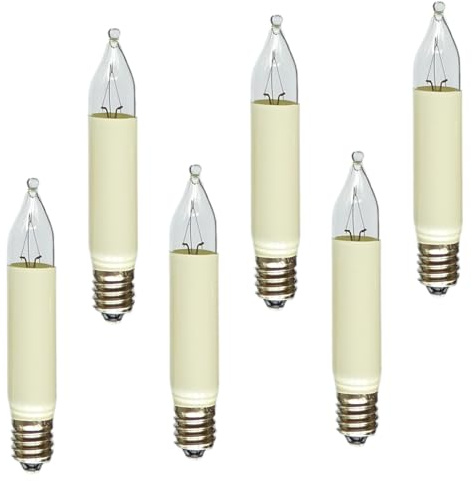 Erzgebirgslicht - AUSWAHL - 6 Stück Kleinschaftkerze 34V 3W E10 für 7 Brennstellen Ersatzbirne Glühbirne Minischaftkerze Glühlämpchen für Lichterketten Pyramide und Schwibbogen (keine LED!)