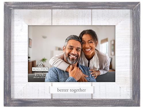 Malden International Designs 4x6 Better Together Picture Frame Raised Dark Gray Rustic Wood Outer Moulding White Routed Rustic Wood Mat White MDF Attachment With Gray Screenprinted Text