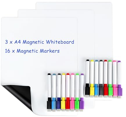 CUWELT 3 Stück A4 Magnetisches Whiteboard Folie Kühlschrank mit 16 Farbigen Markier, 30 x 21cm Magnettafel Kühlschrank, Weiß Magnetisch Memotafel, Tafel Kühlschrankmagnet für Küche-Notiz Einkaufslist
