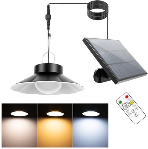 Lámpara colgante solar para exteriores, lámparas solares para exteriores en interiores, lámpara solar impermeable IP65 de 3 temperaturas de color colgante con control remoto para jardín/balcón/patio