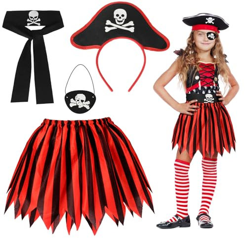 Fennoral 4tlg Piratenkostüm Kinder Mädchen Piraten Kinderkostüm mit Pirat Tutu Rock Augenklappe Haarreife Belt Piratenparty Zubehör für Halloween Karneval Verkleidung Cosplay Rollenspiel Fasching