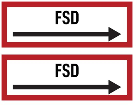 Aufkleber: 74x210 mm, 2 Stück - FSD - Feuerwehrschlüsseldepot/Feuerwehrschlüsselkasten - Hinweisschild auf Brandschutzeinrichtung und Einsatzhinweise - DIN 4066 - D2 mit Richtungspfeil rechts
