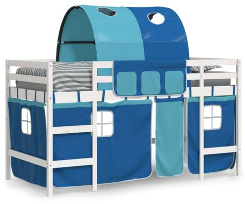 vidaXL Kinderhochbett, Hochbett mit Tunnel Vorhängen, Spielbett Bett für Kinder ab 6 Jahren, Kinderbett Etagenbett Stockbett, Blau 90x200cm Massivholz Kiefer