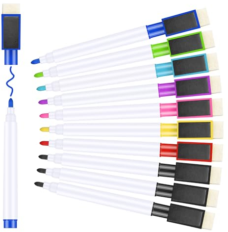 Meetory 10 Stück Whiteboard Marker Magnetisch, Folienstift Abwischbar Trocken Abwischbar Stift Folienstift mit Radierer, Stift Schwarz für Schule Zuhause und Spiel (11.3 * 1cm)