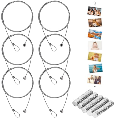 Asfrode 6 StüCk Fotodrahtseil Mit 72 Magneten, Bilder AufhäNgen Fotokette, Bilder AufhäNgen Ohne Bohren, 2m*1.5mm BildaufhäNgung Seil, Fotoseil Magnetisch Magnetseil Zum AufhäNgen Foto Postkarten