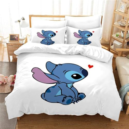 DELLIOP 3-teiliges Bettwäsche Set Stitch Geburtstagsdeko mit Reißverschluss | Muster-Bettbezug-Set Lilo und Stitch Friends mit 2 Kissenbezügen 50x75 | Kinder Bettwäsche-Set | Weiß 2, 90x190 cm