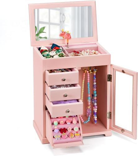 Emfogoo Boite a Bijoux Fille, Boîte à Bijoux Musicale Fille avec Danseuse en Rotation, 5 Couches Boite a Musique Enfant en Bois pour 3-10 ans L'anniversaire de Noël d'une Cadeau(rosa)