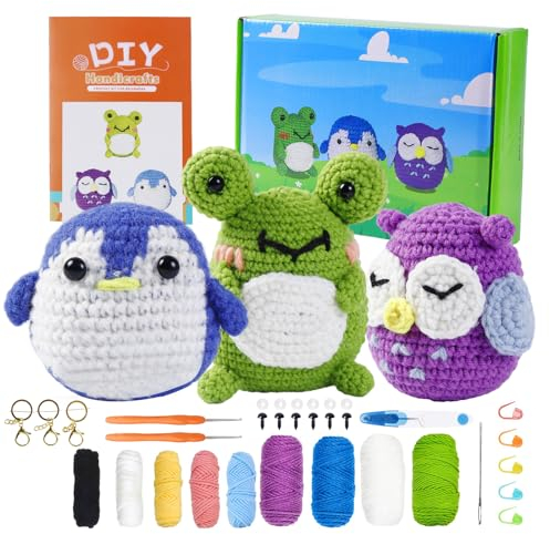 Talentree Häkelset für Anfänger, Häkeltier-Set mit Schritt-für-Schritt-Video-Tutorials, Anfänger-Häkelset für Erwachsene und Kinder, Häkel-Starter-Set enthält 40 % extra Garn (Eule, Pinguin, Frosch)