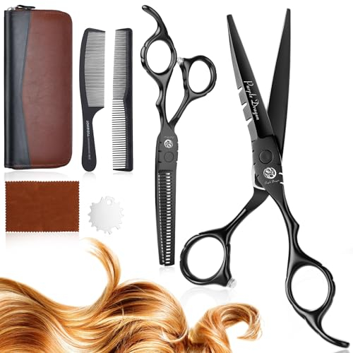 Purple Dragon Friseurschere Set 5,5 Zoll Schwarz Haarschneideschere Set(Haarschere & Effilierschere) mit 2 Kamm Haar Bart Trimmen Formung Pflege für Männer Frauen Familie Barbier Friseur Anfänger