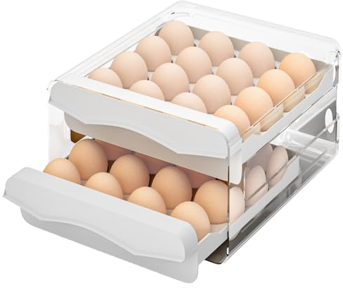 HZE Contenitore per uova per frigorifero, con funzione push-pull, per frigorifero, organizer per uova, 32 griglie, per frigorifero, cucina bianca