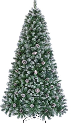 Yaheetech 183 cm künstlicher Weihnachtsbaum mit Schnee und 64 Kiefernzapfen (Ø ca.106 cm) 920 Spitzen, Schwer entflammbarer Tannenbaum mit Schnellaufbau Klappsystem inkl. Metallständer