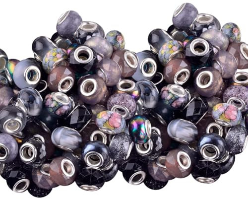 FSSTUD 60 Pcs 15mm Large Hole Glass Beads Assorted European Craft Beads Pen Bead Charms Big Hole Spacer Beads Bracelet Making Beads Loose Decorative Beads for Decoration Black and White