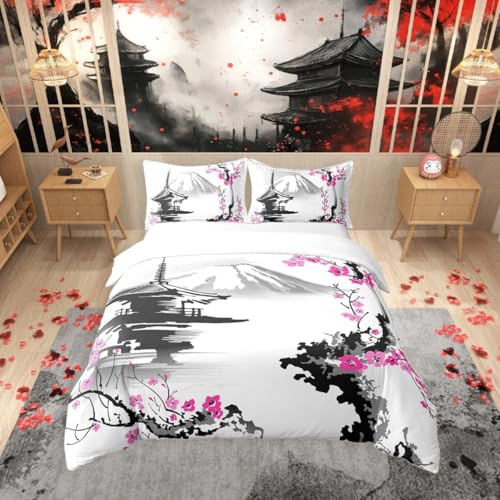 Homemissing Japon Fuji Mountain Housse de Couette 220x240cm Rose Sakura Parure de Lit Style Japonais Ensemble de Literie Peinture de Montagne à l'encre Décor Literie Exotique Sakura Aquarelle