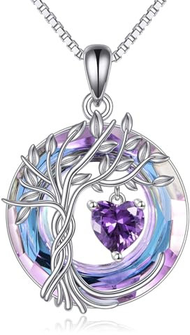 Tree of Life Birthstone Necklace for Women 925 Sterling Silver Tree of Life Jewelry Amethyst Pendant February Birthstone Gemstone with Crystal Anniversary Birthday Christmas Gifts for Mother