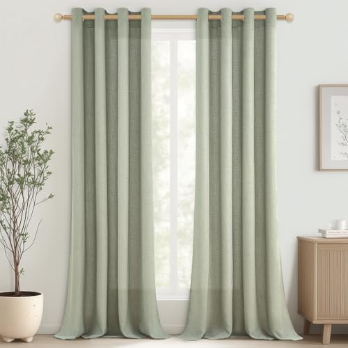 CUTEWIND Gardinen Leinen Halbtransparent Salbeigrün Fenster Vorhänge Schlafzimmer Ösenschal 2er Set, 245 cm Lang, 140 cm Breit, Vorhang mit Ösen Leinenoptik Landhaus Gardine Wohnzimmer