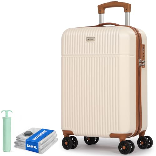 H.yeed Carry on Suitcase ABS Hard Shell Lightweight Small Trolley Travel Cabin Luggage with 4 Double Spinner Wheels TSA Lock for Women, 21 White