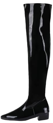 HXTYXCQ Damen Flache Absatz Overknee-Stiefel Spitze Zehen Lange Stiefel Mit Seitlichem Reißverschluss Oberschenkelhohe Stiefel Aus Lackleder