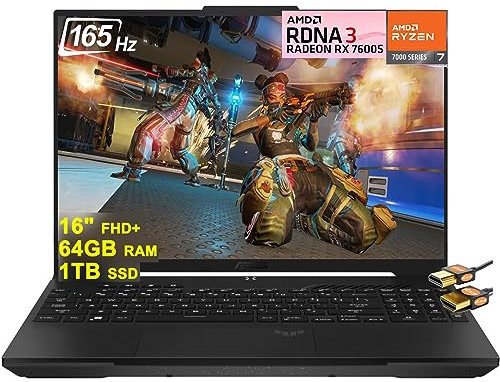 Asus TUF Gaming A16 Laptop 16 FHD+ 165Hz 7ms 100% sRGB AMD Octa-core Ryzen 7 7735HS 64GB RAM 1TB SSD Radeon RX 7600S 8GB Graphic (>RTX 4060) Retroilluminato USB-C USB4 Ricarica Veloce Win11 + Cavo
