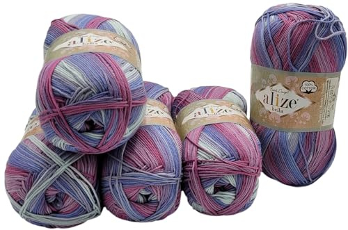 5 x 100 Gramm Ilkadim Export Baumwollgarn Bella Batik, 500 Gramm Strickwolle aus 100% Baumwolle, Strickgarn mehrfarbig (beere flieder weiss 3686)