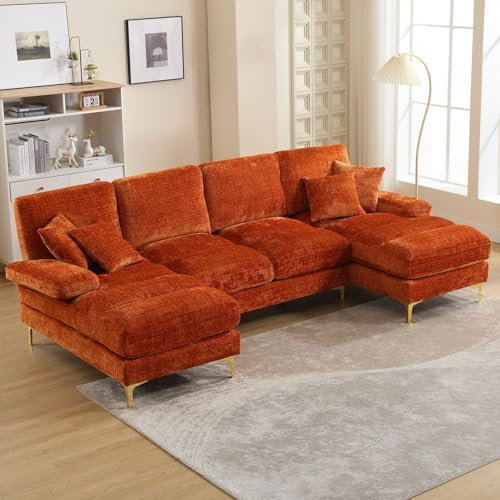 272CM Lange Sofa U-Form, Groß Couch mit Liegensitzen, Modulares Sofa 4 Sitzer Ecksofa mit Schlaffunktion für Wohnzimmer, Chenille-Stoff Orange