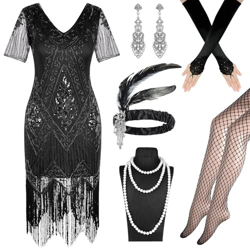 Jokureao 6Stück 20er Jahre Kostüm Damen Set,V-Ausschnitt Pailletten Rock, Gatsby Kleid Damen mit 20er, 1920er Charleston Kleid für Karneval Retro Party Cosplay Party