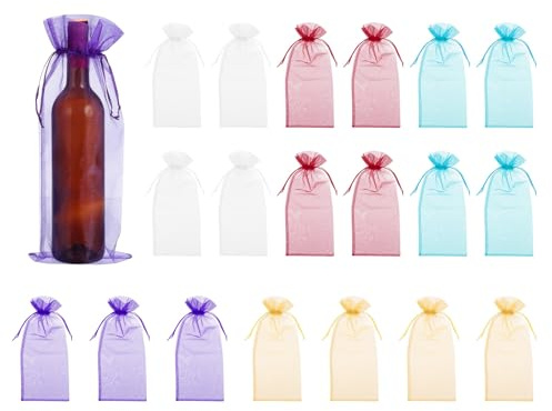 sourcing map 14.5 x 5.5 Inch Organza Wine Bags, 20Pcs Drawstring Organza Bottle Gift Bags Sheer Wine Wrapping Bag for Bottle Wrap Birthday Christmas Wedding Party Favors, Multicolor