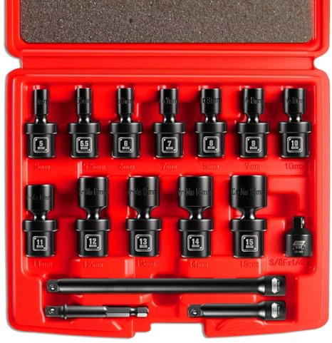 Mr.wintek 1/4 Antrieb Gelenk-Steckschlüsselsatz 16-tlg | Universaler Schlagstecknuss-Satz Metrisch (5-15mm), 6-Kant, Chrom-Molybdän, Mit 2 & 6 Verlängerungen & Adapter