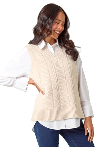 Roman Petite V-Neck Cable Knit Sleeveless Vest for Women UK - Ladies Everyday Autumn Winter V-Neckline Comfy Soft Evening Vacation Work Party Night Out - Petite Cream - Size 16