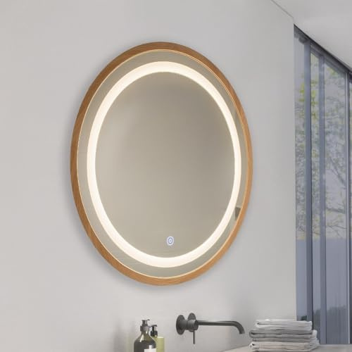 M Ledme Badezimmerspiegel mit Licht, 60 x 60 cm, runder Holzspiegel, 15 W, dimmbar, 3 Lichtfarben, Touch-Schalter, HD-Hartglas, IP44, Holz-Finish