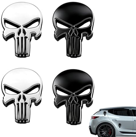 NIVRAIN 4 Stück Punisher Aufkleber, Auto Metall 3D Sticker Autoaufkleber, Stilvoll Aufkleber Decal Totenkopf, Geeignet zur Individuellen Gestaltung von Sportwagen, Geländewagen und Motorrädern