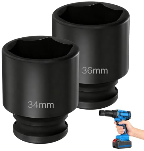 2 PCS 1/2 Drive Impact Socket Set, 34mm 36mm Socket with 6 Point Design Metric CR-V Steel Deep Axle Nuts Sockets for Quick Shaft Nut Removal