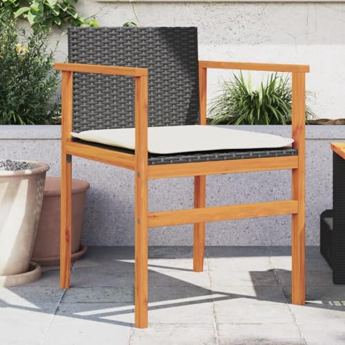 SKTQYQO Gartenstuhl mit Kissen, 2 Stück, schwarz, aus Polyrattan und massivem Akazienholz für den Außenbereich, stabile Struktur aus Stahl, Kissen abnehmbar und waschbar, bequeme Sitzfläche