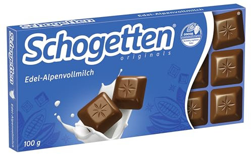 Schogetten Edel-Alpenvollmilch 100g Schokoladentafel, praktisch einzeln portioniert. Ein Genuss. Stück für Stück.