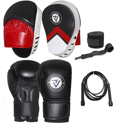 Boxing sparing punching pads and bag glove rex leather + FREE hand wraps & skipping rope