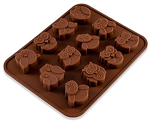 BlueFox SweetPonya Silikonform mit Eulen, Eiswürfelform, Pralinenform, Schokoladenform, 19,5 x 15 x 1,5cm Süßigkeiten, Giessform, Kuchenverzierung, Vögel, Seife, Deko Kuchen, Farbe: Braun