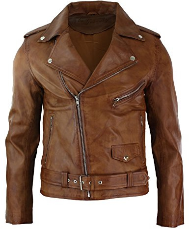 Mens Slim Fit Cross Zip Tan Brown Brando Casual Soft Real Leather Jacket
