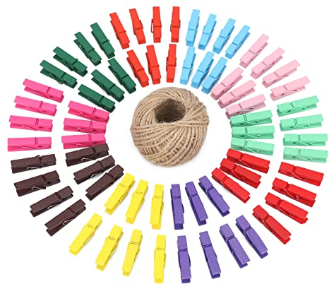 Lot de 100 pinces à linge en bois naturel avec ressort Pour épingler des papier, photos et projet d'artisanat Avec 30 m Ficelle de jute