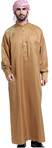 Dreamskull Muslim Abaya Dubai Muslimisch Islamisch Arab Arabisch Indien Türkisch Casual Kaftan Robe Kleid Kleidung Bestickt Dress Herren Männer ohne Kopftuch (XL, Dunkelgelb)