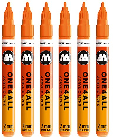 Molotow One4All 127HS Acryl Marker (2,0 mm Strichstärke, hochdeckend und permanent, UV-beständig, für fast alle Untergründe) 6 Stück Farbe 218 neonorange floureszierend